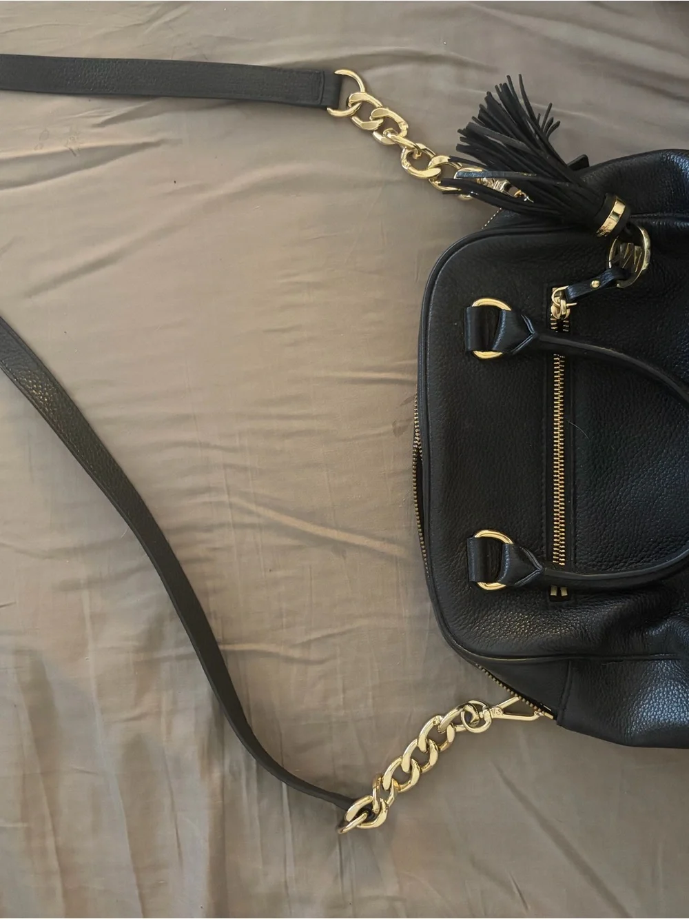 Michael Kors Black Pebbled Leather Satchel with Gold Chain Tassel